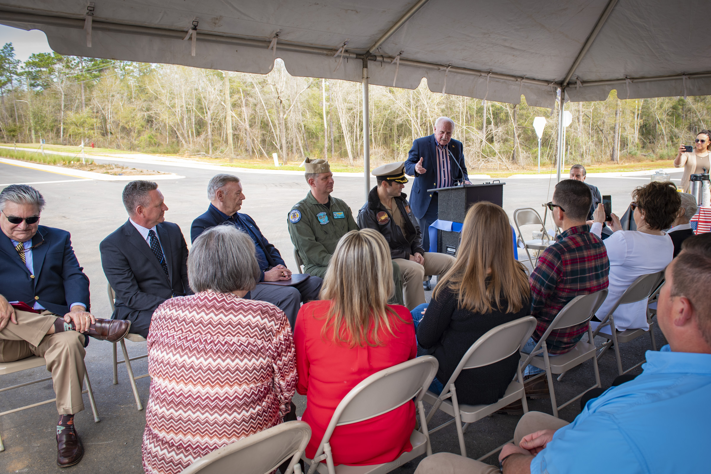 Don Salter speaking to the crowd during the dedication of the street sign in his name
